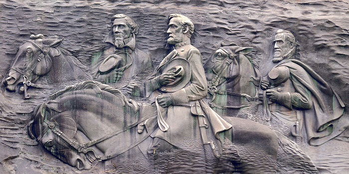 Georgia’s Stone Mountain monument depicts Confederate leaders Stonewall Jackson, Robert E. Lee, and Jefferson Davis. Jim Bowen/Wikimedia Commons 